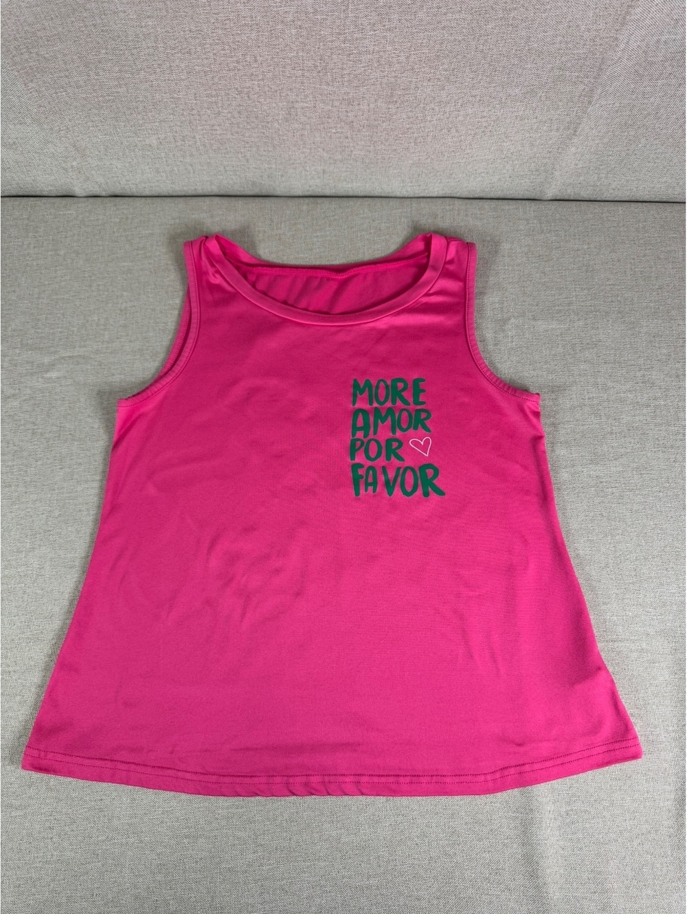 Pink Sleeveless Tank Top with "More Amor Por Favor" Print, Size M